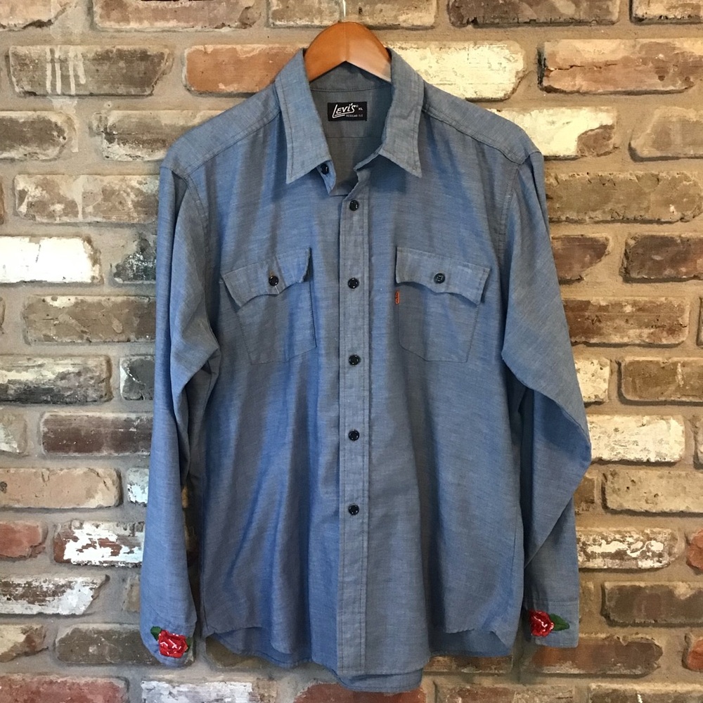 LEVI'S VTG 70's Chambray Blue Embroidered Rose Long Sleeve Orange Tab Shirt XL - Picture 2 of 7